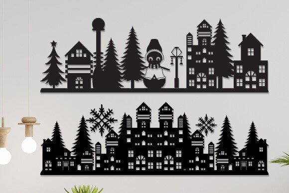 Christmas Village Paper Cut Svg for Winter Laser Cutting